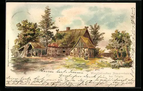 Lithographie Telgte, Blick auf ein westfälisches Bauernhaus