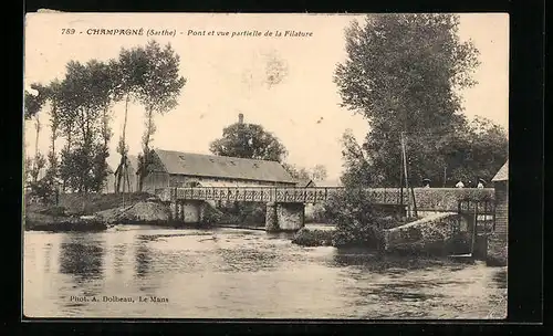 AK Champagné, Pont et vue partielle de la Filature