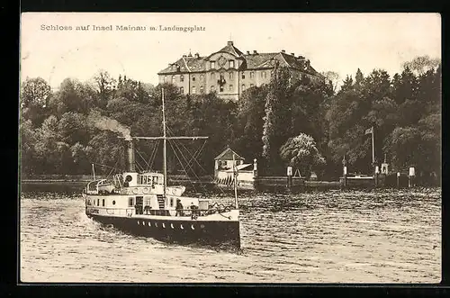 AK Mainau, Schloss mit Landungsplatz und Dampfer