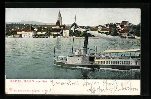 AK Überlingen, Uferpartie vom See mit Dampfer