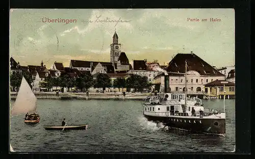 AK Überlingen, Partie am Hafen mit Dampfer