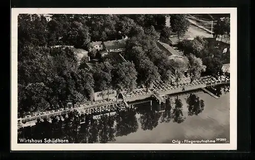 AK Berlin-Schildhorn, Wirtshaus Schildhorn von Emil Richter, Fliegeraufnahme