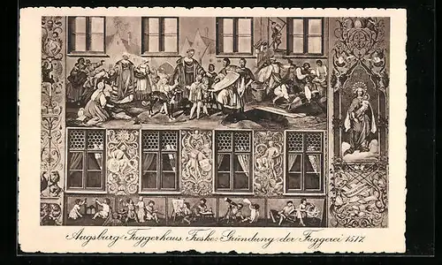 AK Augsburg, Freske am Fuggerhaus, Gründung der Fuggerei 1517