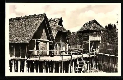 AK Unteruhldingen /Bodensee, Freilichtmuseum, Steinzeitliche Häuser mit Wehrpalisade und -turm