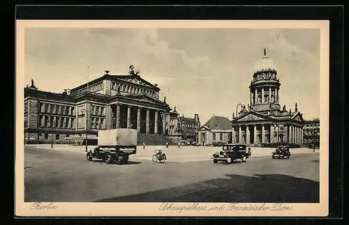 AK Berlin, Schauspielhaus und Französischer Dom, Gendarmenmarkt