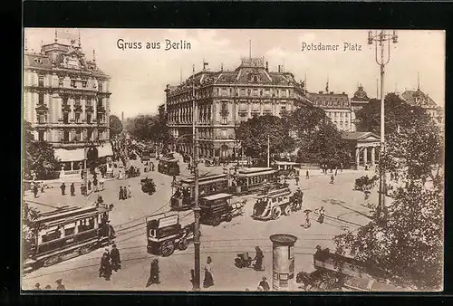 AK Berlin-Tiergarten, Potsdamer Platz mit Strassenbahnen