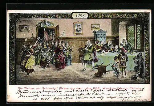 AK Schorndorf, Die Weiber von Schorndorf, Scene aus dem Jahre 1688, Wandgemälde am Rathaus