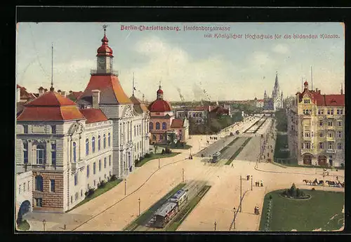 AK Berlin-Charlottenburg, Hardenbergstrasse mit Königlicher Hochschule für die bildenden Künste und Strassenbahnen