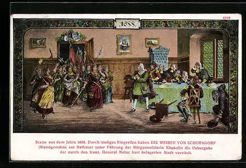 AK Schorndorf, Die Weiber von Schorndorf, Scene aus dem Jahre 1688, Wandgemälde am Rathaus