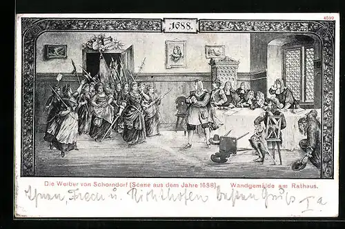 AK Schorndorf, Die Weiber von Schorndorf, Scene aus dem Jahre 1688, Wandgemälde am Rathaus