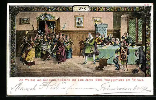 AK Schorndorf, Die Weiber von Schorndorf, Scene aus dem Jahre 1688, Wandgemälde am Rathaus