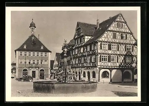 AK Schorndorf, Marktplatz mit Rathaus, Palmscher Apotheke und Marktbrunnen