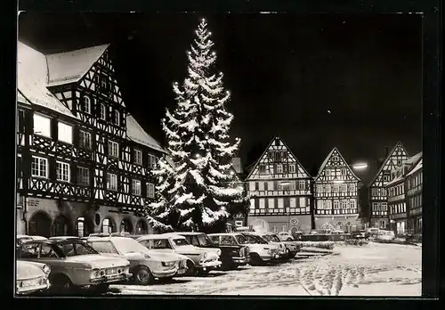 AK Schorndorf, Oberer Marktpkatz im Winter bei Nacht