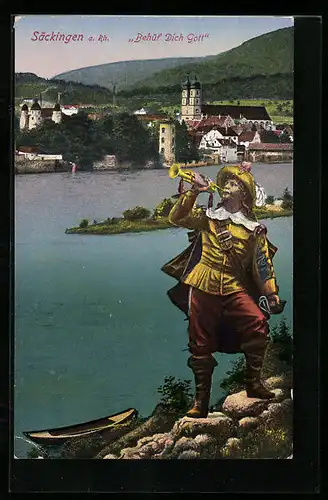 AK Säckingen a. Rh., Trompeter vor Ortskulisse