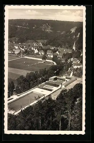 AK Blaubeuren, Ortsansicht mit Freischwimmbad aus der Vogelschau