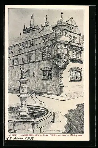 Künstler-AK Coburg, Schloss Ehrenburg, Ecke Rückertstrasse und Steingasse