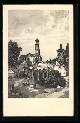 Künstler-AK Augsburg, St. Ulrichs-Kirche mit dem rothen Tor