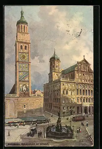 Künstler-AK Augsburg, Perlachturm mit Rathaus