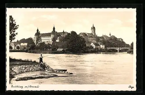 AK Neuburg a. Donau, Uferpartie mit Schloss