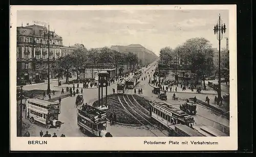 AK Berlin-Tiergarten, Potsdamer Platz mit Palast-Hotel, Verkehrsturm und Strassenbahn