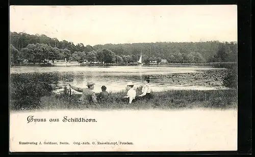 AK Berlin-Grunewald, Schildhorn, Uferpartie mit Ausflüglern und Dampfern