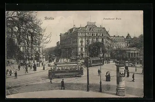 AK Berlin-Tiergarten, Potsdamer Platz mit Litfasssäule und Strassenbahn