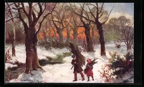 Künstler-AK Harry Payne: Winter Firing, Mann und Mädchen sammeln Brennholz