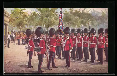 Künstler-AK Harry Payne: The Grenadier Guards at Wellington Palace, Gardisten mit Union Jack