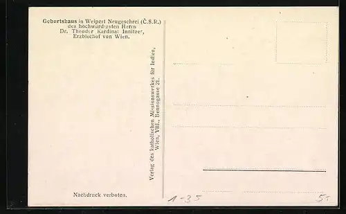 AK Weipert Neugeschrei, Geburtshaus Kardinal Innitzer, Portrait