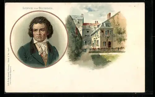 Lithographie Komponist Ludwig van Beethoven und Geburtshaus