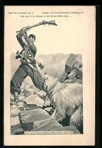 Künstler-AK Karl May Postkarte No. 9, Mann kämpft gegen einen Bär