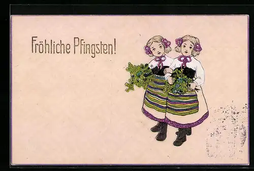 AK Fröhliche Pfingsten, Kinder mit Blumen