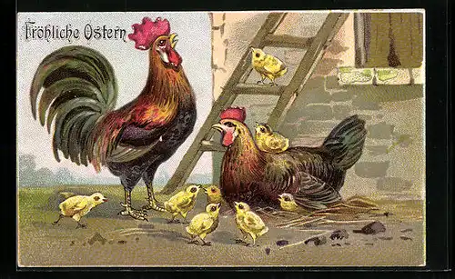 AK Hahn mit Osterküken, Fröhliche Ostern