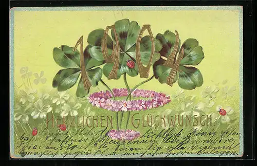 AK Jahreszahl 1904 mit Kleeblättern und Marienkäfern