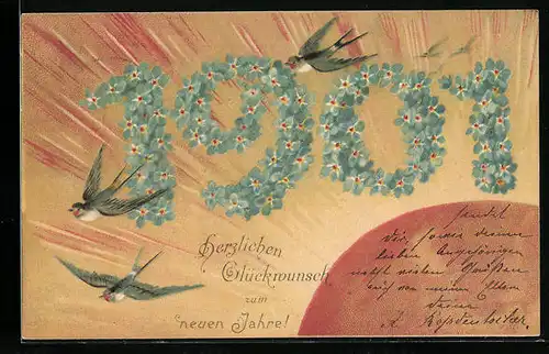 AK Vögel und Jahreszahl 1901 aus Blumen