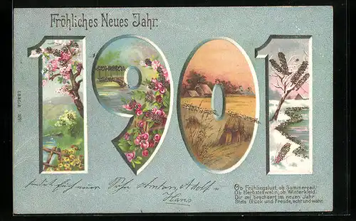 AK Blühender Baum, Brücke, Herbstlandschaft und Uferpartie im Winter in Jahreszahl, Neujahrsgruss 1901