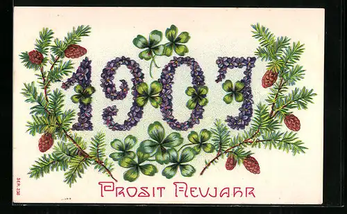AK Jahreszahl aus Blumen mit Tannenzweigen, Neujahrsgruss 1907