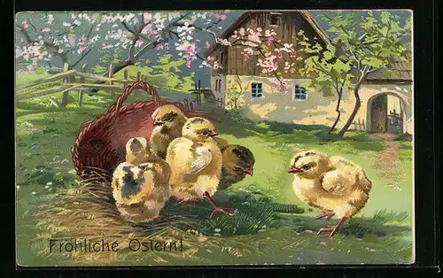 AK Osterküken im Körbchen, Fröhliche Ostern