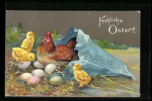 AK Huhn und Osterküken, Fröhliche Ostern