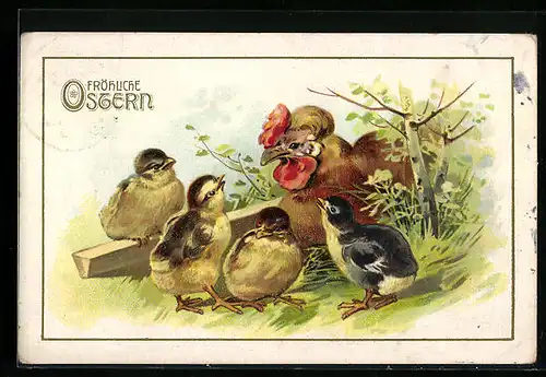 AK Osterküken mit Huhn im Grünen