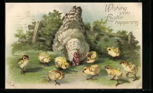 AK Osterküken mit Huhn im Grünen, Wishing you Easter happiness