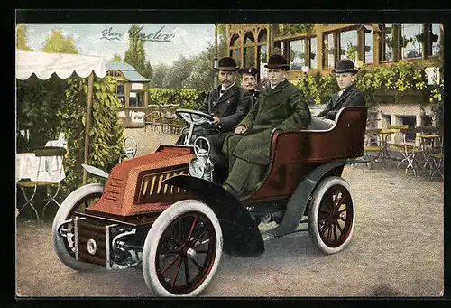 AK Renault Auto, Vier Männer beim Restaurant