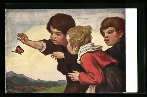 Künstler-AK Ludwig von Zumbusch: Kinder spielen mit einem Schmetterling