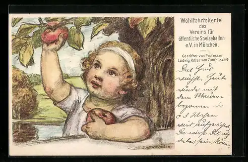 Künstler-AK Ludwig von Zumbusch: Kleinkind pflückt Äpfel