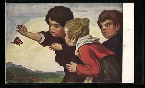 Künstler-AK Ludwig von Zumbusch: Kinder spielen mit einem Schmetterling