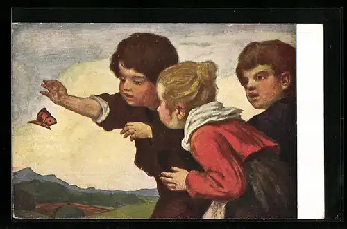 Künstler-AK Ludwig von Zumbusch: Kinder spielen mit einem Schmetterling