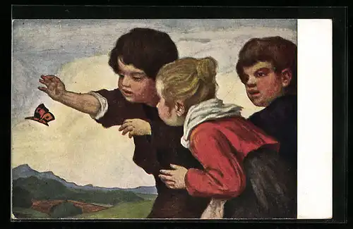 Künstler-AK Ludwig von Zumbusch: Kinder spielen mit einem Schmetterling