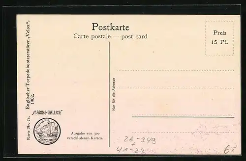 Künstler-AK Christopher Rave: Englischer Torpedobootzerstörer Velox, 1902