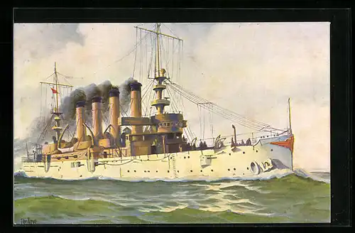 Künstler-AK Christopher Rave: Charleston, Panzerkreuzer der Vereinigten Staaten in Fahrt, 1904