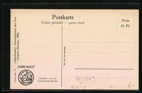 Künstler-AK Christopher Rave: Charleston, Panzerkreuzer der Vereinigten Staaten in Fahrt, 1904